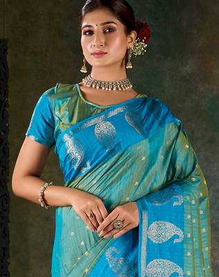 Azure blue banarasi silk saree with paisley zari motifs 2