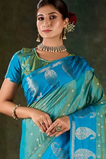 Azure blue banarasi silk saree with paisley zari motifs