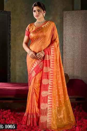 Sunset orange banarasi silk saree with coral red zari border