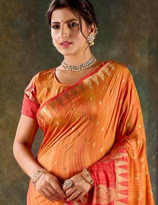 Sunset orange banarasi silk saree with coral red zari border 2