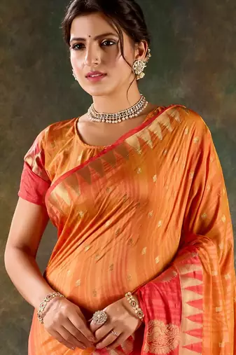 Sunset orange banarasi silk saree with coral red zari border