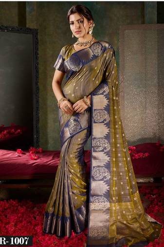 Deep bronze & navy blue banarasi silk saree