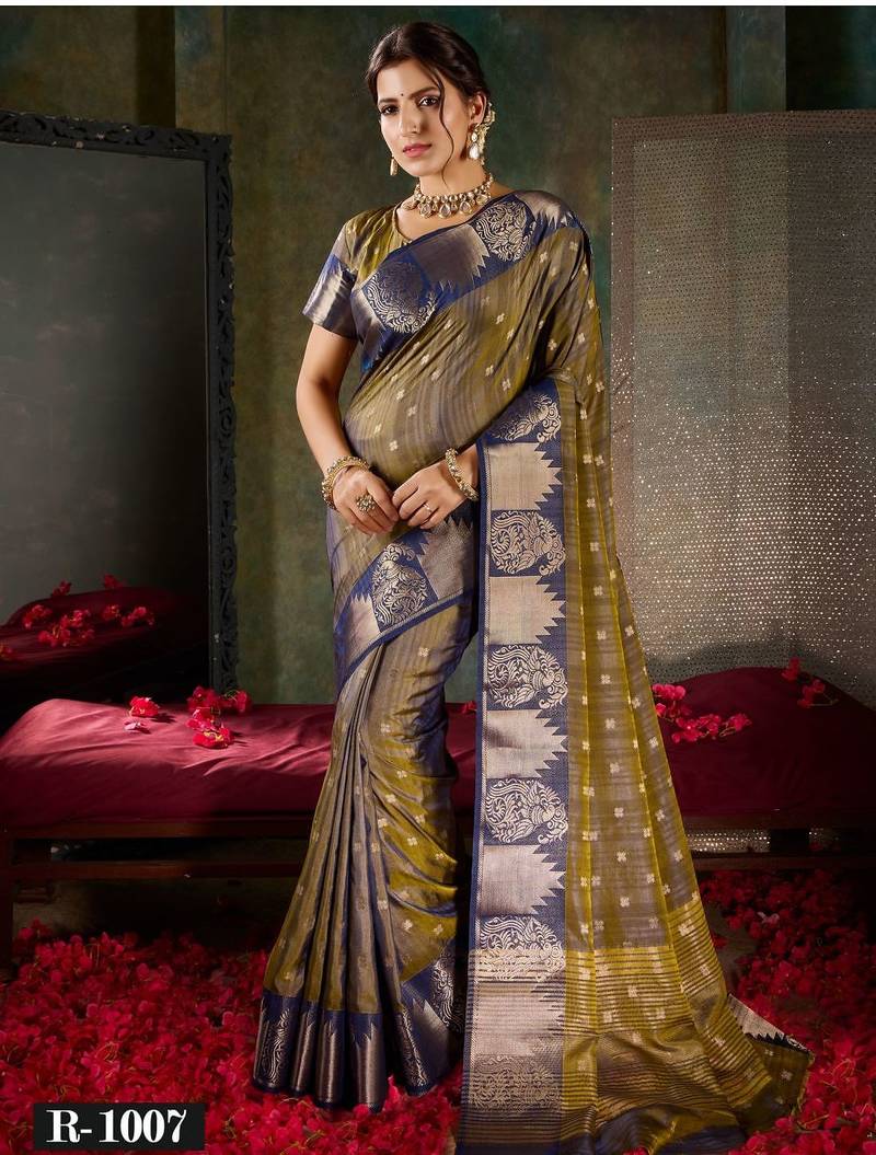 Deep bronze & navy blue banarasi silk saree