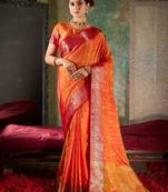 Tangerine orange and crimson red silk saree with gold zari border