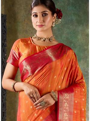 Tangerine orange and crimson red silk saree with gold zari border 2