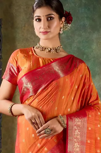 Tangerine orange and crimson red silk saree with gold zari border