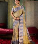 Elegant olive & slate blue banarasi silk saree