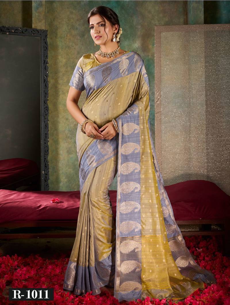 Elegant olive & slate blue banarasi silk saree