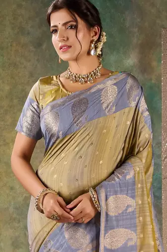 olive & slate blue banarasi silk saree