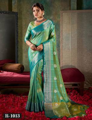 Radiant teal & lime green banarasi saree 1