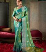 Radiant teal & lime green banarasi saree