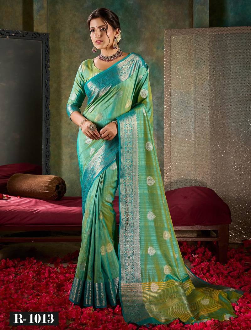 Radiant teal & lime green banarasi saree