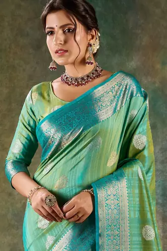 Radiant teal & lime green banarasi saree