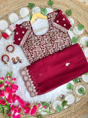 Maroon Color embroidery sequence work art silk saree 1