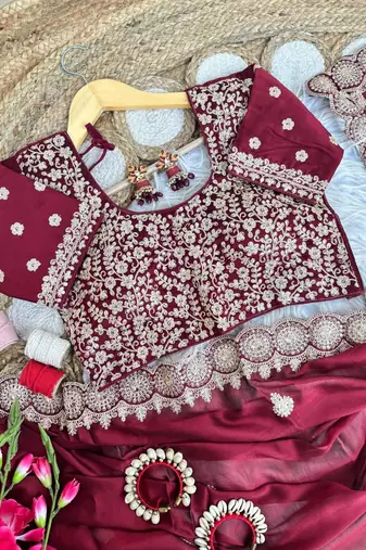 Maroon Color embroidery sequence work art silk saree