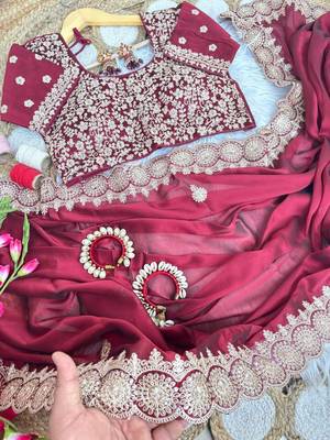 Maroon Color embroidery sequence work art silk saree 3