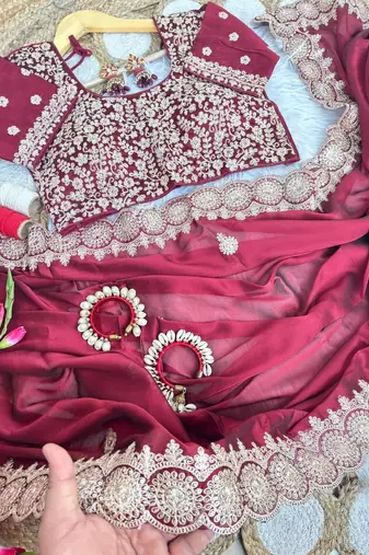 Maroon Color embroidery sequence work art silk saree