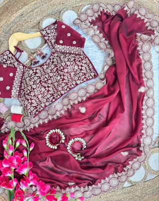Maroon Color embroidery sequence work art silk saree 4