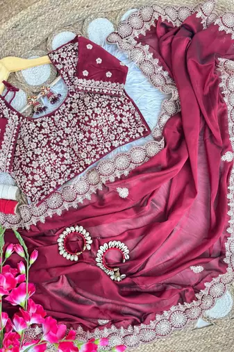 Maroon Color embroidery sequence work art silk saree