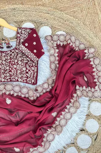 Maroon Color embroidery sequence work art silk saree