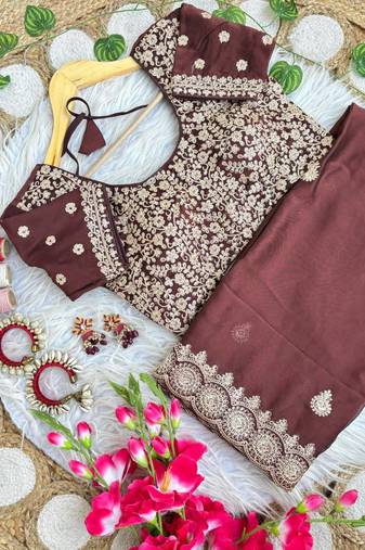 Brown Color embroidery sequence work Silk Saree