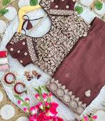 Brown Color embroidery sequence work Silk Saree