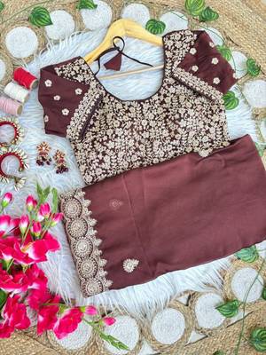 Brown Color embroidery sequence work art silk saree 2