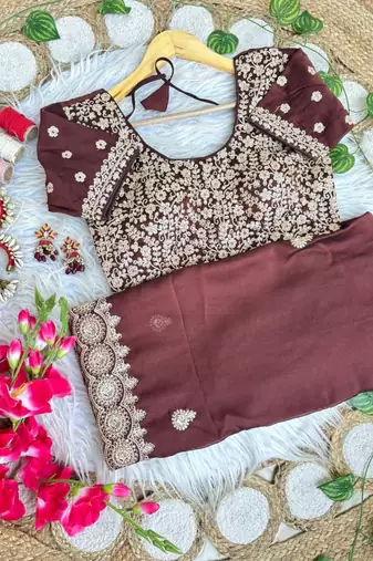 Brown Color embroidery sequence work art silk saree
