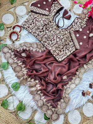 Brown Color embroidery sequence work art silk saree 3