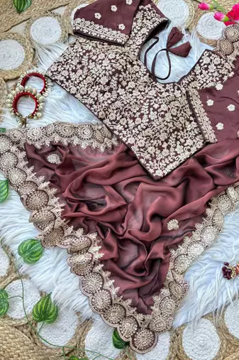 Brown Color embroidery sequence work art silk saree