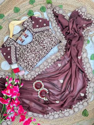 Brown Color embroidery sequence work art silk saree 4