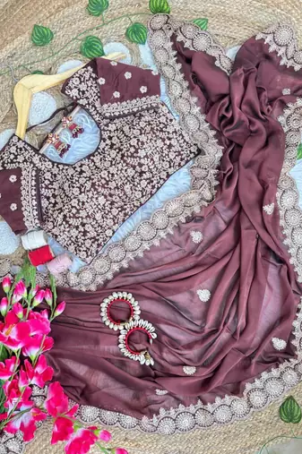Brown Color embroidery sequence work art silk saree