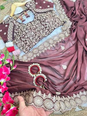 Brown Color embroidery sequence work art silk saree 5