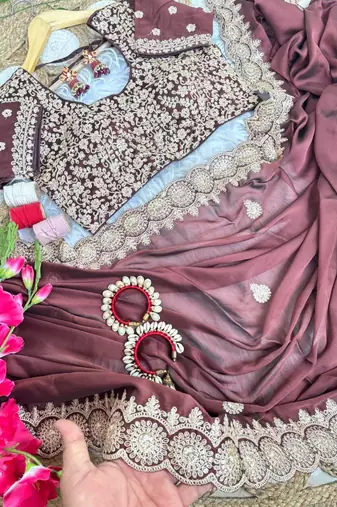 Brown Color embroidery sequence work art silk saree