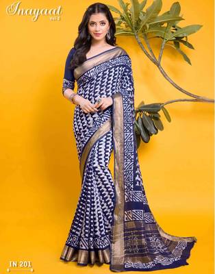 navy blue & white geometric printed saree with traditional zari border 1