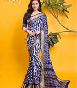Elegant navy blue & white geometric printed saree with traditional zari border