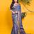 Elegant navy blue & white geometric printed saree with traditional zari border