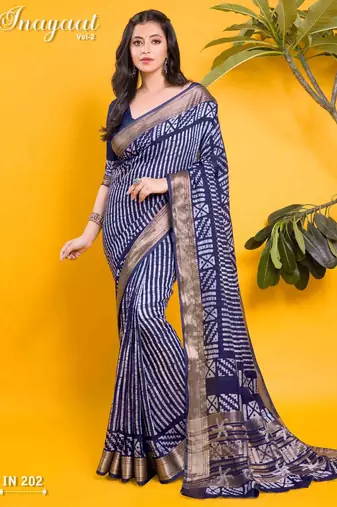 Classic navy blue saree with vertical stripe batik print & antique zari border