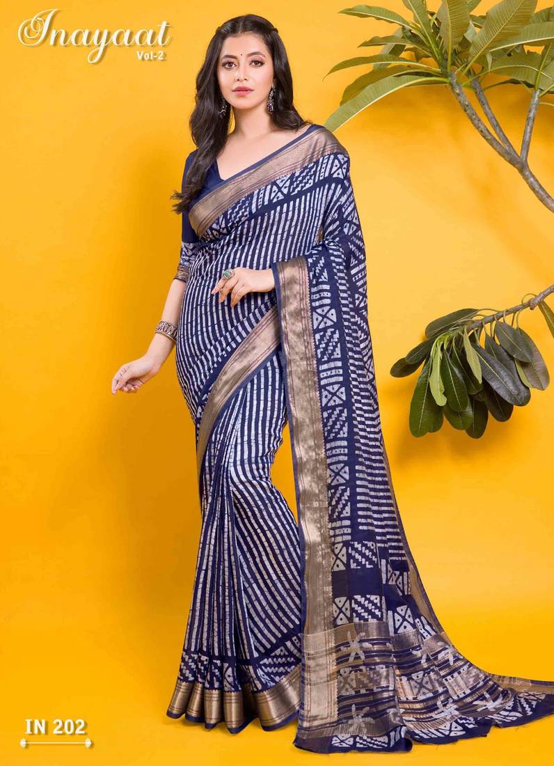 Classic navy blue saree with vertical stripe batik print & antique zari border