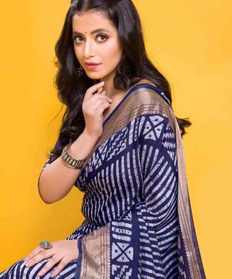 Classic navy blue saree with vertical stripe batik print & antique zari border 2