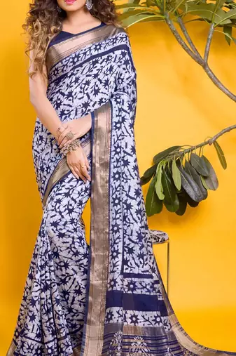 Navy blue & white floral batik print saree