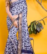 Navy blue & white floral batik print saree