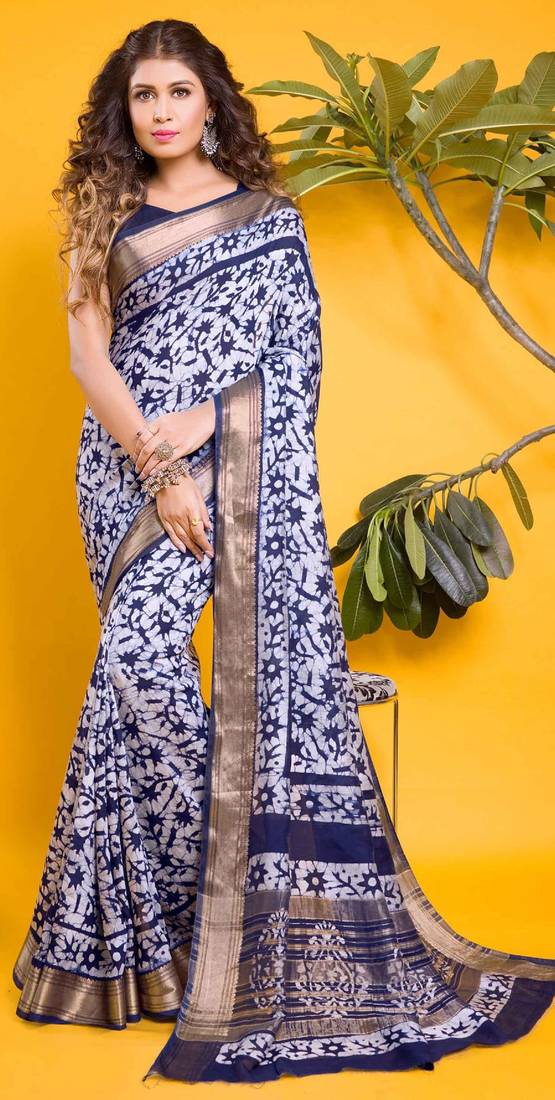 Navy blue & white floral batik print saree