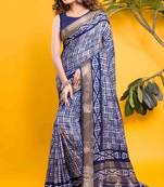Navy blue contemporary basketweave print saree
