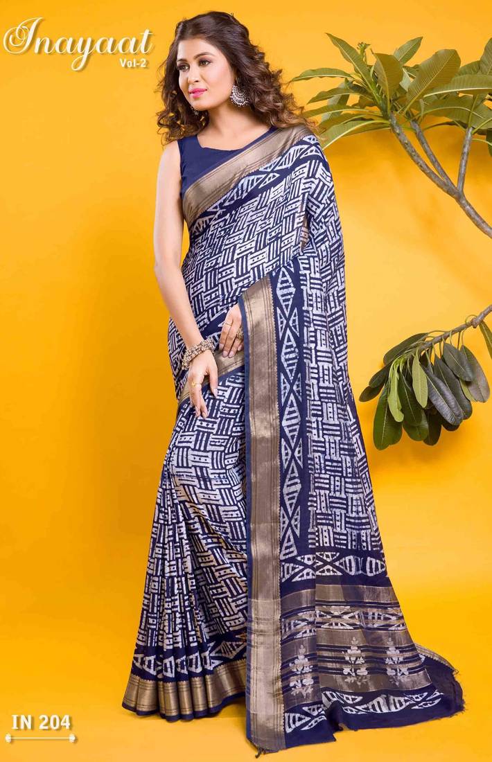 Navy blue contemporary basketweave print saree