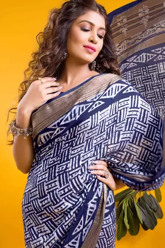 Navy blue contemporary basketweave print saree