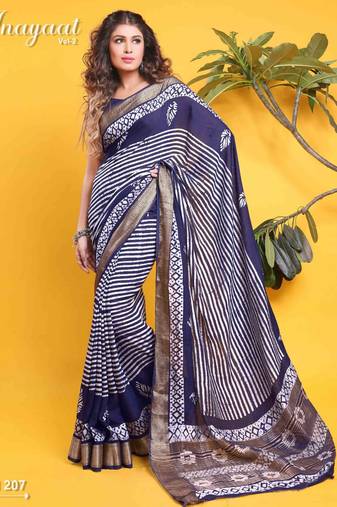 Navy blue linear stripe print saree