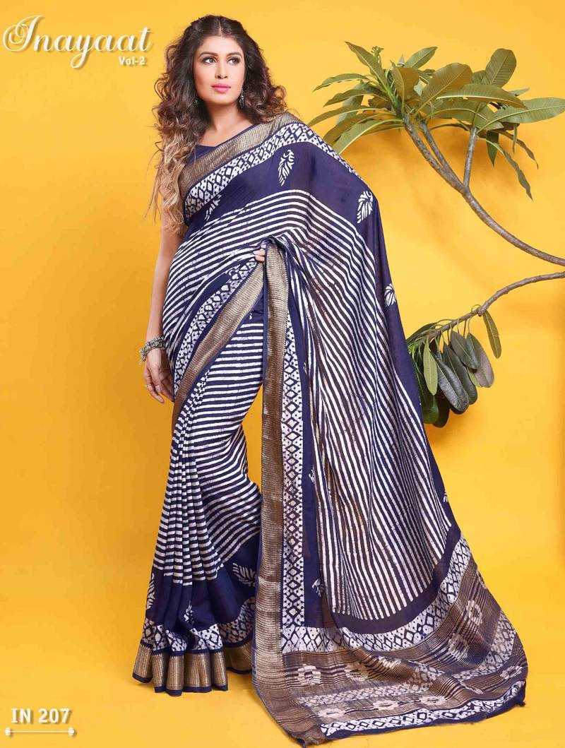 Navy blue linear stripe print saree