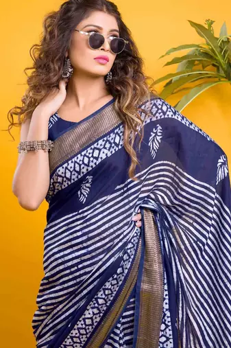 Navy blue linear stripe print saree