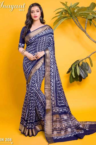 Navy blue tribal geometric block print saree